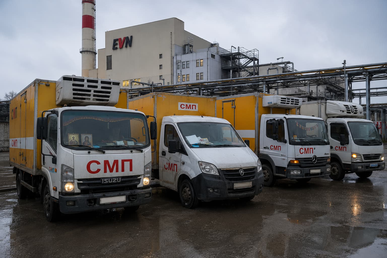 Колонна брендированного спецтранспорта «СМП» для вывоза медицинских отходов