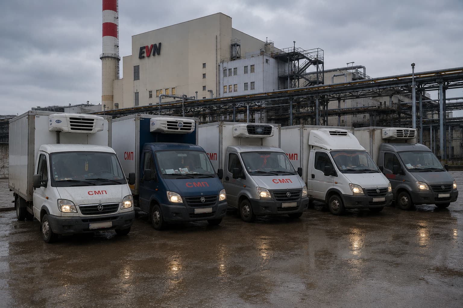 Автопарк брендированного спецтранспорта «СМП» на производственной площадке